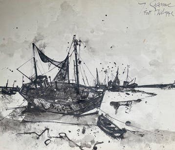 Yves Ganne (1931-2019) - Paysage Marin - Bateaux echoués à, Antiek en Kunst, Kunst | Schilderijen | Klassiek