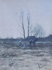 Anton Mauve (1838-1888) - Ploegende boer, Antiek en Kunst