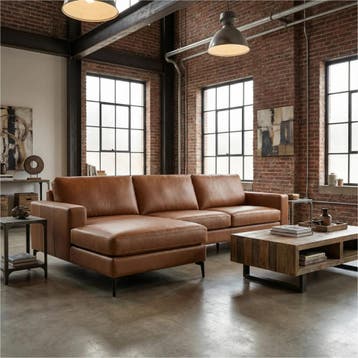 Leren hoekbank Match - 2.5-zits arm rechts + Longchair arm, 250 tot 300 cm, Bohemian, Industrieel, Modern, Scandinavisch, Hoekbank