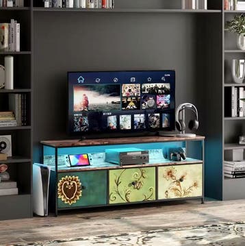 TV-Meubel met LED – 3 Stoffen Lades en Open Planken, 108 cm, Huis en Inrichting, Kasten | Overige, Verzenden, Nieuw