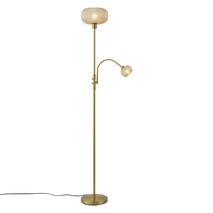 Design vloerlamp messing met amber glas 2-lichts - Brianna, Huis en Inrichting, Lampen | Vloerlampen, Nieuw, Verzenden