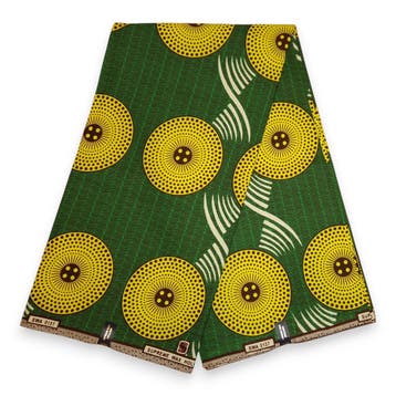 Afrikaanse wax print stof - Groen en Geel Radiant Sun Spiral, Hobby en Vrije tijd, Ophalen of Verzenden, Nieuw