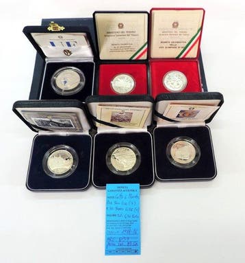 Italië. 500 - 5000 Lire 1988/1996, Lotto 6 monete argento, Postzegels en Munten, Munten | Europa | Niet-Euromunten