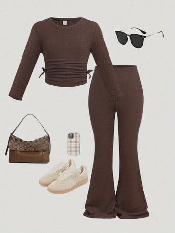 Kids Girls 2 Piece Brown Waffle Knit Ruched Drawstring Crop, Verzenden, Nieuw