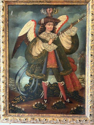 School of Cuzco (XIX-XX) - Arquebusier Angel with Plumed Hat