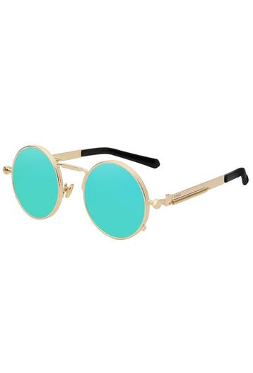 KIMU® Ronde Zonnebril Hipster Goud Montuur Rond Blauwe Spieg, Ophalen of Verzenden, Nieuw, Blauw