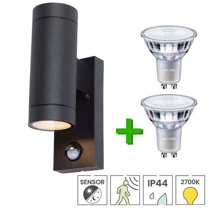 Buitenlamp met sensor Samos + 2x LED spot GU10 Philips, Tuin en Terras, Buitenverlichting, Wandlamp, Nieuw, Minder dan 50 watt