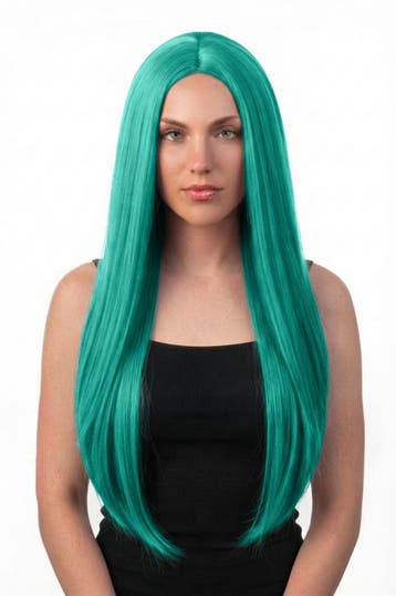 KIMU® Luxe Lange Turquoise Pruik Middenscheiding Haarwerk Kr, Ophalen of Verzenden, Nieuw, Carnaval