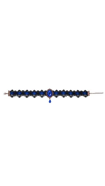 KIMU® Choker Zwart Kant Blauwe Steen Kanten Zwarte Collar Ke, Kunststof, Verstelbaar, Zwart, Nieuw
