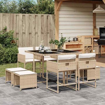 vidaXL 9-delige Tuinset met kussens poly rattan beige, Verzenden, Nieuw, 8 zitplaatsen, Tuinset