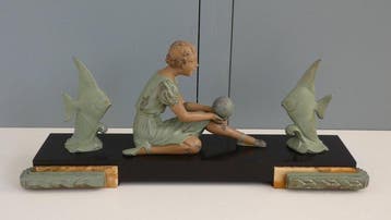 Beeld, Frans Art Deco Schoorsteenstuk - 18.5 cm - Marmer,, Antiek en Kunst