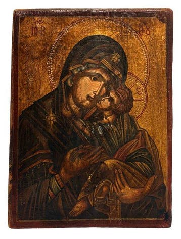 Icoon - Moeder van God van Eleousa - Hout - Handbemalt 26 x, Antiek en Kunst