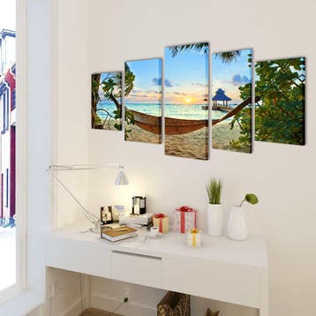 vidaXL Canvas muurdruk set zandstrand met hangmat 100 x 50, Verzenden, Nieuw