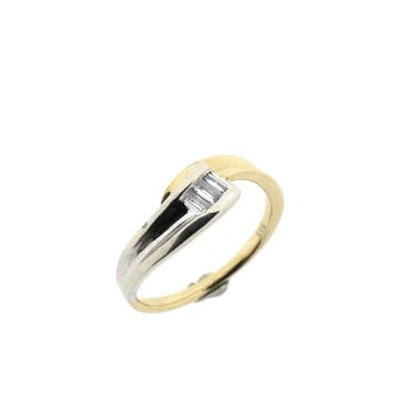 Bicolor gouden ring met baguette diamant; 0,21 ct., 18 tot 19, Gebruikt, Ophalen of Verzenden, Met edelsteen