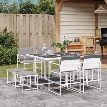 vidaXL 9-delige Tuinset met kussens textileen wit, Verzenden, Nieuw, 8 zitplaatsen, Rvs