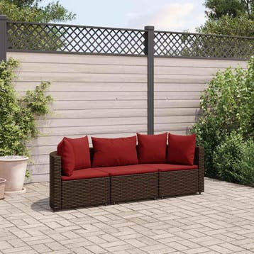 vidaXL 3-delige Loungeset met kussens poly rattan bruin, Verzenden, Nieuw, 3 zitplaatsen, Loungeset