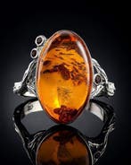 Barnsteen - Genuine Baltic Amber Ring – Oval Cabochon with, Verzamelen