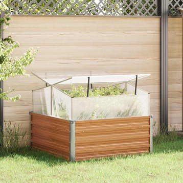 vidaXL Tuinplanter met kas Licht Bruin 100 x 100 x 77 cm, Tuin en Terras, 100 cm of meer, Verzenden, Nieuw, Metaal