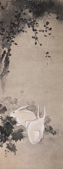Kakejiku (), Usagi Zu (), Colour on Silk - Okutani, Antiek en Kunst