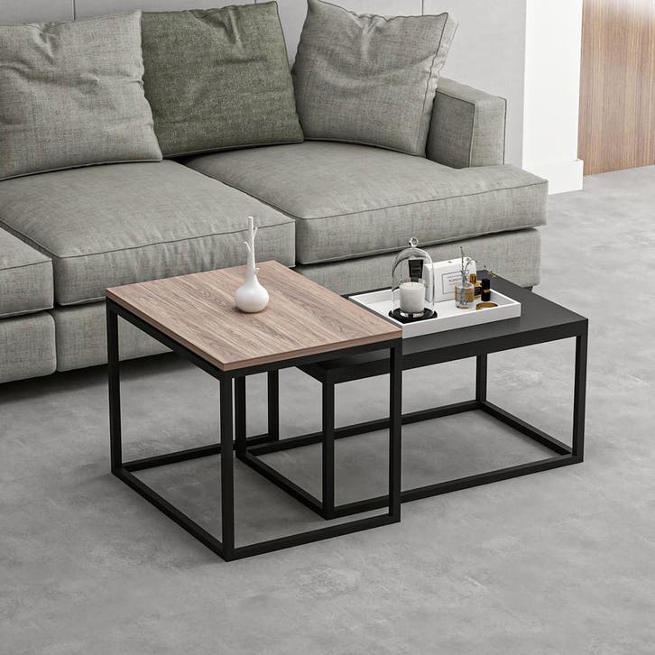 [en.casa] Salontafel set van 2 Aabenraa Eiken zwart, Huis en Inrichting, Tafels | Salontafels, Verzenden