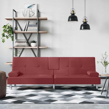vidaXL Slaapbank met bekerhouders kunstleer wijnrood, Verzenden, Nieuw, Leer, 200 tot 250 cm