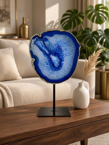 Rare blue Agate - rock crystal geode on stand Geode -