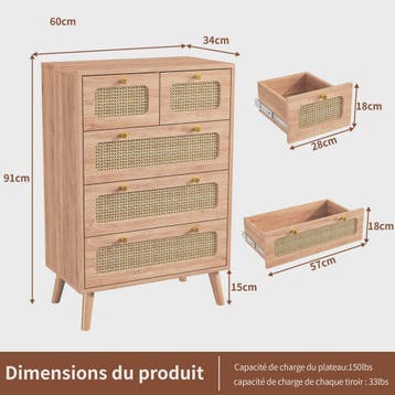 Stijlvolle Houten Ladekast met Rotan Fronten - 5 Lades, Huis en Inrichting, Verzenden, Nieuw