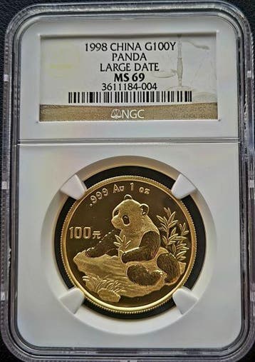 Gouden China Panda 1 oz 1998 Large Date NGC MS69 (POP=246/1), Verzenden, Oost-Azië, Losse munt, Goud