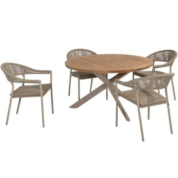 Sienna Prado dining tuinset 130 cm rond 5 delig zand teak, Tuin en Terras, Ophalen of Verzenden, Nieuw