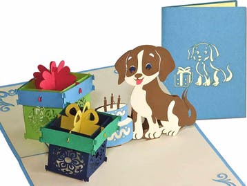 Vrolijk hondje met taart en cadeautjes pop-up kaart, Verzenden, Nieuw
