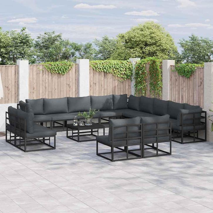 vidaXL Tuinbankenset met kussen 13 pcs Zwart Aluminium, Tuin en Terras, Tuinsets en Loungesets, Nieuw, 3 zitplaatsen, Aluminium