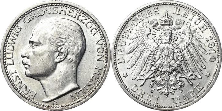 3 Mark 1910 Hessen Ernst Ludwig 1892-1918, Postzegels en Munten, Munten | Europa | Niet-Euromunten, Verzenden