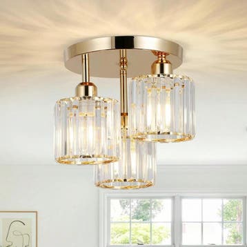 Gouden plafondlamp 3 lichts met kristalglas, Verzenden, Nieuw