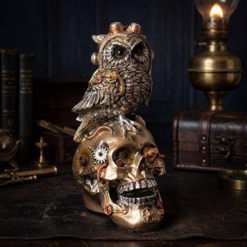 Beeld, Schedel met uil “Steampunk” - 17 cm - Hars