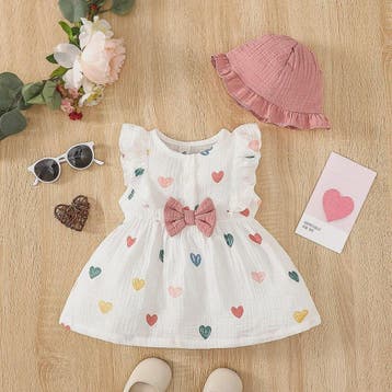 Schattige Baby Meisjes Jurk met Strik en Mutsje - Hartjes Pr, Kleding | Dames, Jurken, Verzenden, Nieuw