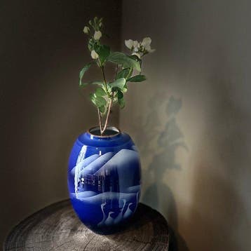 Ikebana vaas - Steengoed - Japan - Kobaltblauw