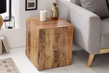 Stevige bijzettafel FACTORY 40cm gevlamd mangohout op wielen, Ophalen of Verzenden, Nieuw