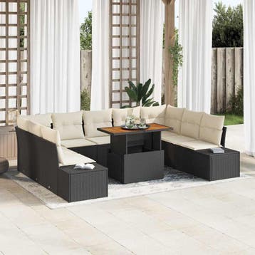 vidaXL Tuinbankenset 10 st Zwart en Crème, Verzenden, Nieuw, Rotan, Meer dan 8 zitplaatsen