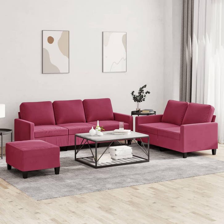 vidaXL 3-delige Loungeset met kussens fluweel wijnrood, Huis en Inrichting, Banken | Bankstellen, Nieuw, Stof, Vierpersoons of meer