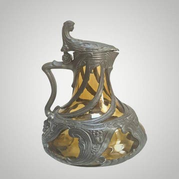 Karaf - Glas, Tin - Waterkan Jugendstil