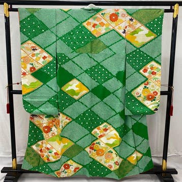 Japanse vintage kimono furisode zijde groen sibori