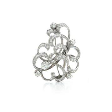 Broche - 14 karaat Witgoud - Retro diamant-scrollbroche,