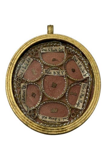 Reliekhouder - Brons, Gouden cartouche, Glas, Textiel - 20e