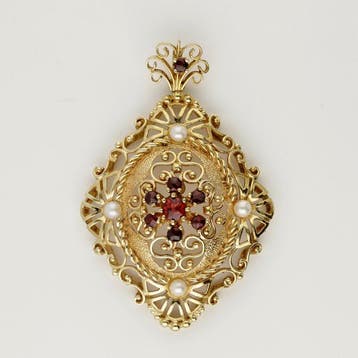 Hanger - 14 karaat Geel goud - 0.65ct. tw. Granaat - Parel