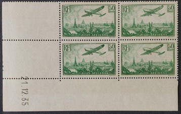 Frankrijk 1936 - Vliegtuig boven Parijs, 50 f groen in luxe, Gestempeld