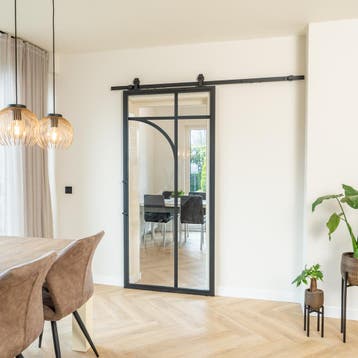 Stalen Schuifdeur - Zwart - 5 Vlaks rond - Helder glas, 75 tot 150 cm, Nieuw, 150 tot 225 cm, Metaal