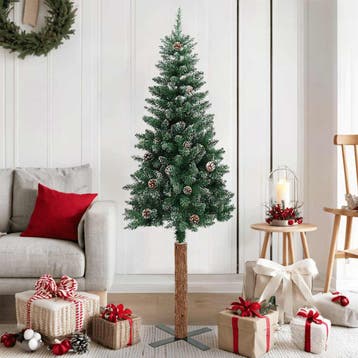 vidaXL Kerstboom met echt hout en sneeuw smal 150 cm groen, Verzenden, Nieuw