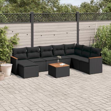 vidaXL 9-delige Loungeset met kussens poly rattan zwart, Tuin en Terras, Verzenden, Nieuw, Loungeset