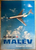 Malev airlines advertising poster TU-134 jet airplane -