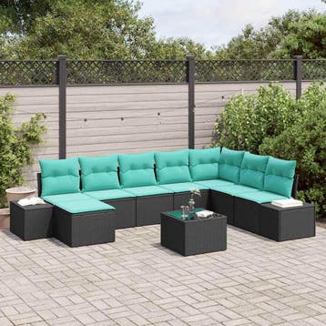 vidaXL Tuin Sofa Set 8 st Zwart en Turquoise poly rattan, Verzenden, Nieuw, Rotan, 8 zitplaatsen
